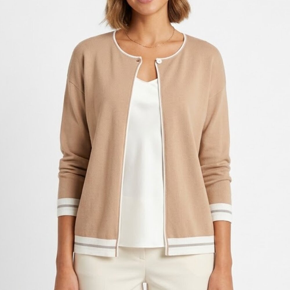 FINITY Tan Contrast Trim Cardigan XL Slinky Knit Single Button Old Money Chic